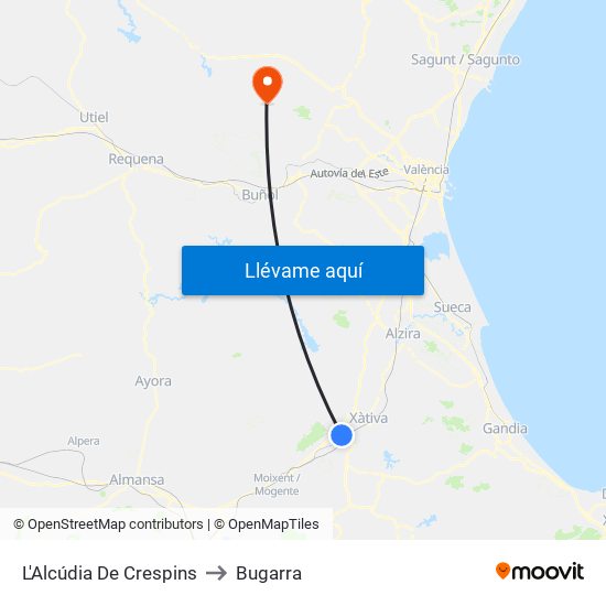 L'Alcúdia De Crespins to Bugarra map