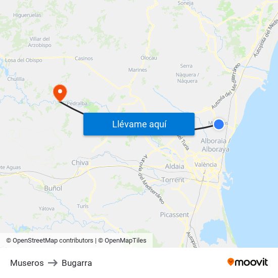 Museros to Bugarra map