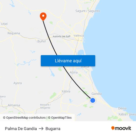 Palma De Gandía to Bugarra map