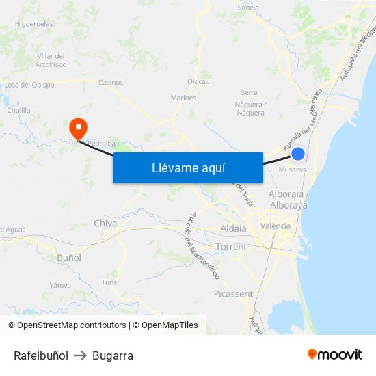 Rafelbuñol to Bugarra map