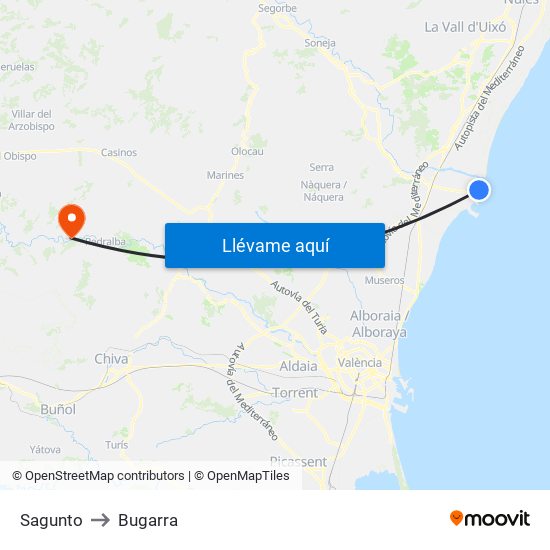 Sagunto to Bugarra map