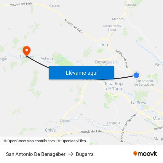 San Antonio De Benagéber to Bugarra map