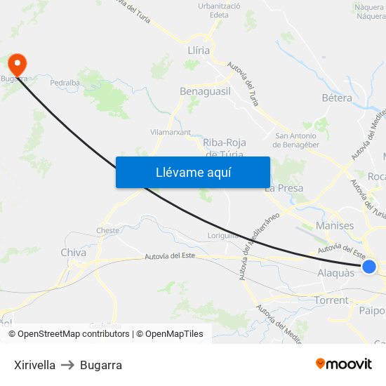 Xirivella to Bugarra map