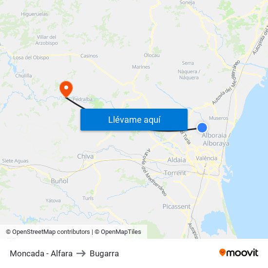 Moncada - Alfara to Bugarra map