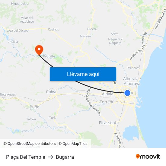 Plaça Del Temple to Bugarra map