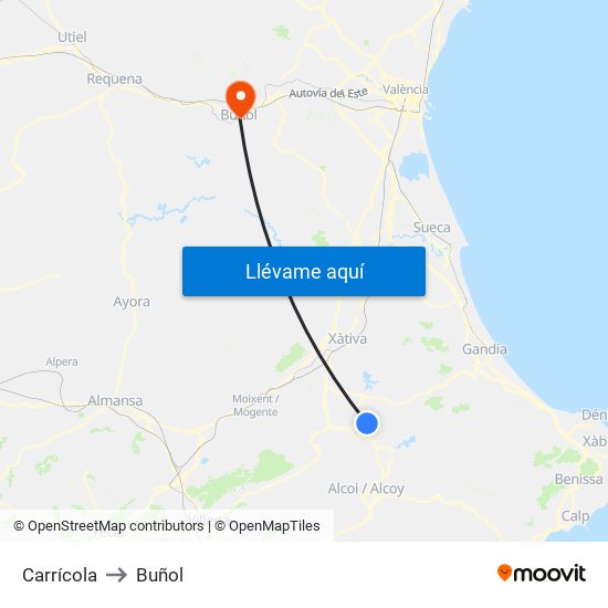 Carrícola to Buñol map