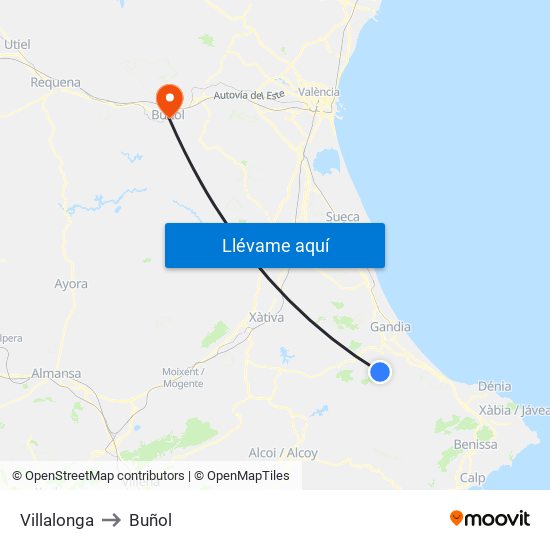 Villalonga to Buñol map