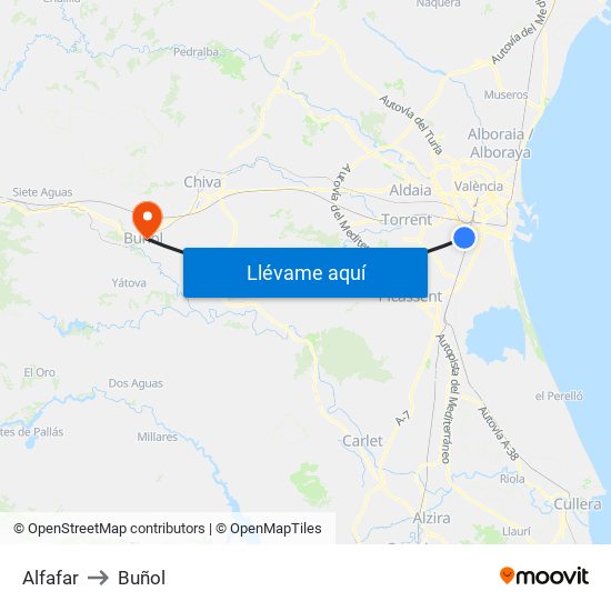 Alfafar to Buñol map