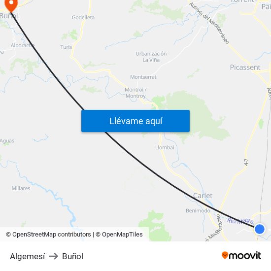Algemesí to Buñol map