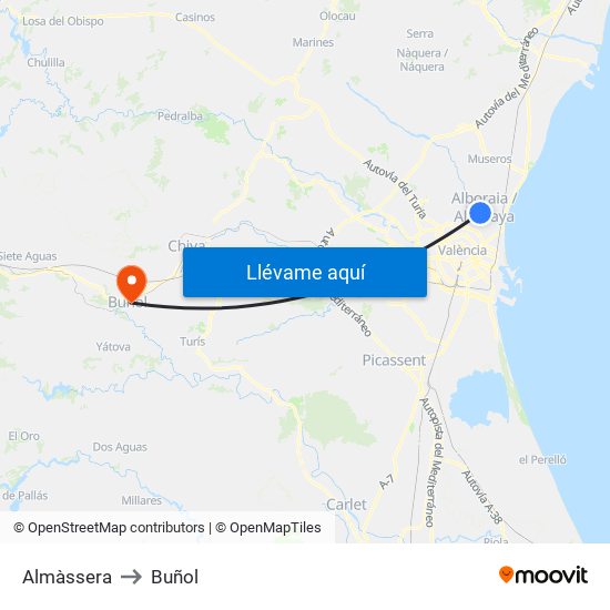 Almàssera to Buñol map