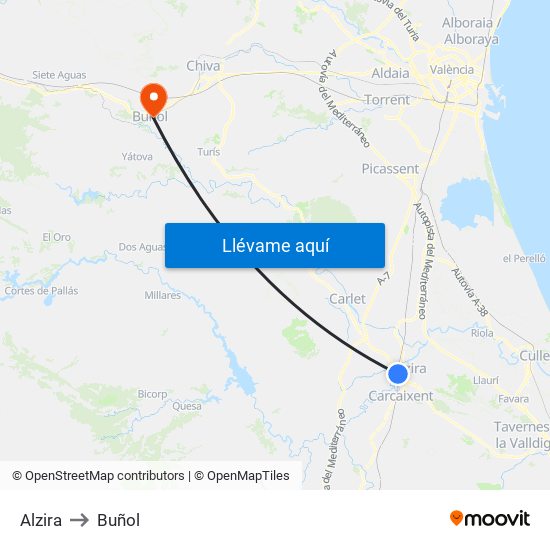 Alzira to Buñol map