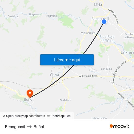 Benaguasil to Buñol map