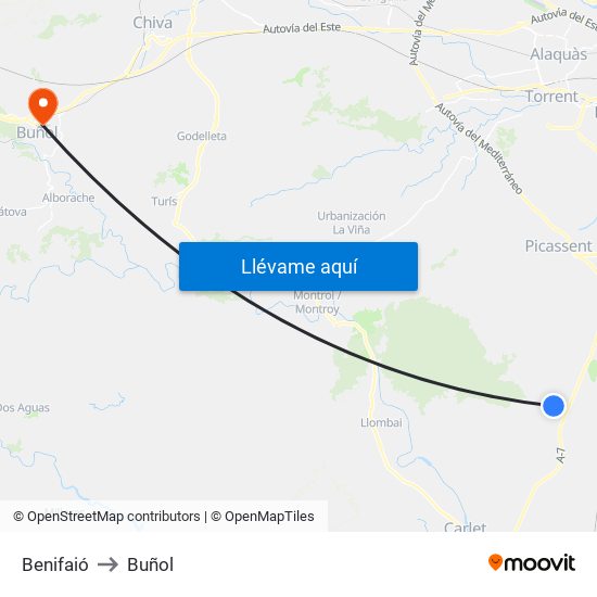 Benifaió to Buñol map