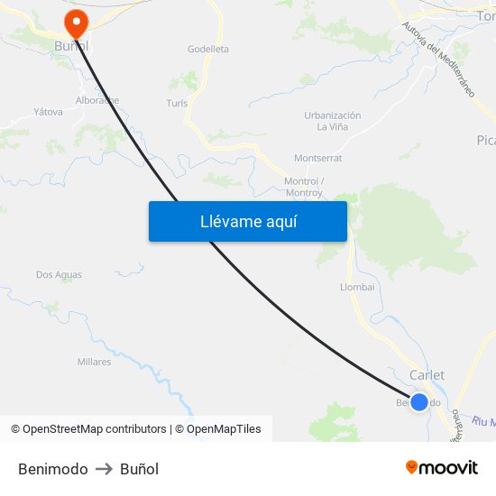 Benimodo to Buñol map