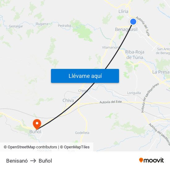 Benisanó to Buñol map