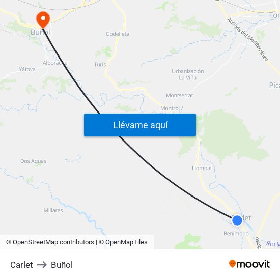 Carlet to Buñol map