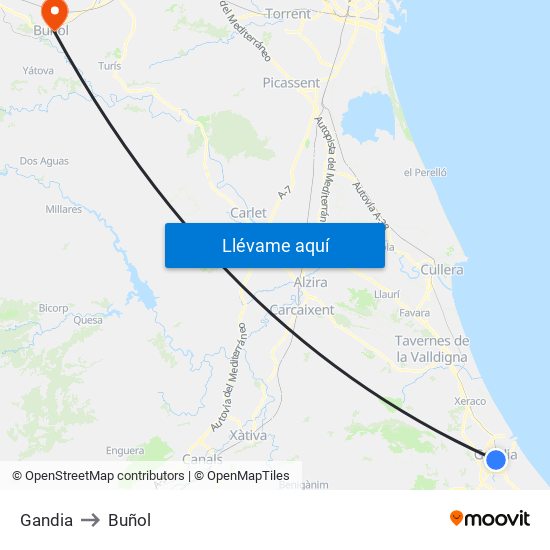 Gandia to Buñol map