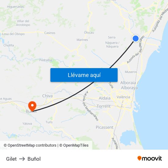 Gilet to Buñol map