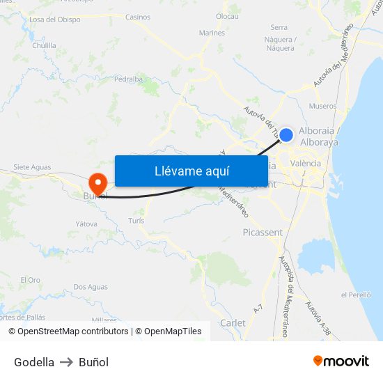 Godella to Buñol map