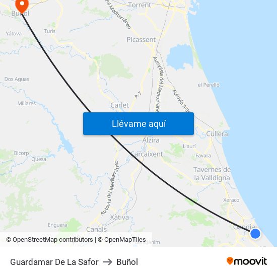 Guardamar De La Safor to Buñol map