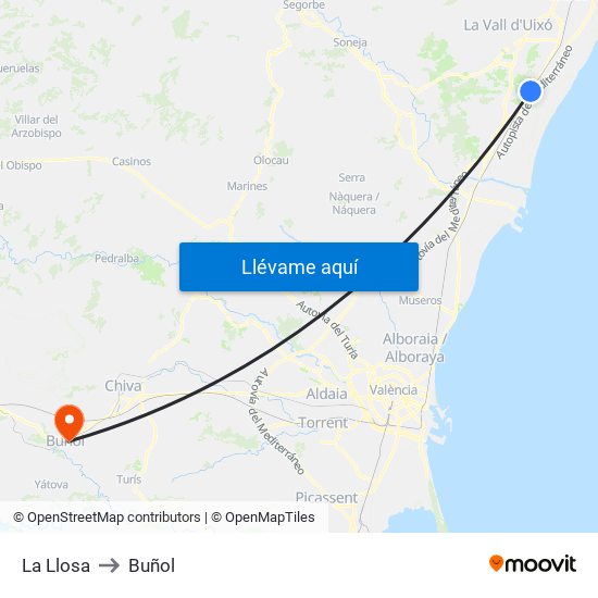 La Llosa to Buñol map