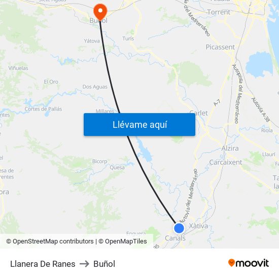 Llanera De Ranes to Buñol map