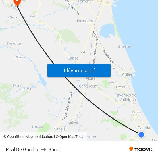 Real De Gandía to Buñol map