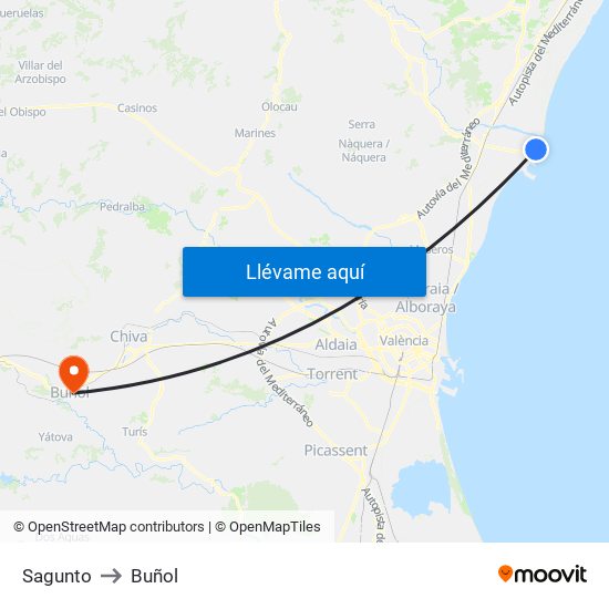 Sagunto to Buñol map