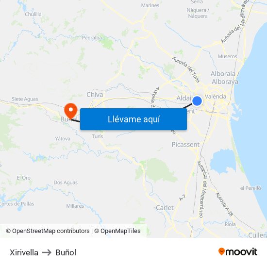 Xirivella to Buñol map