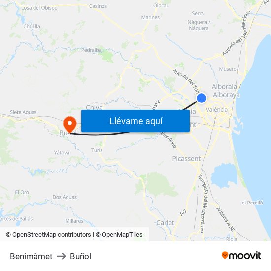 Benimàmet to Buñol map