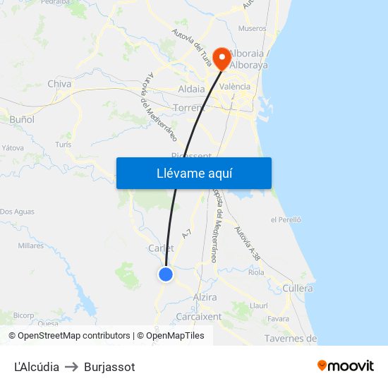 L'Alcúdia to Burjassot map