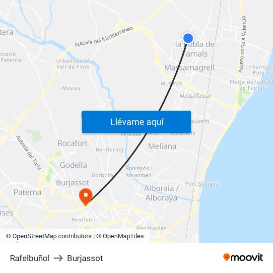 Rafelbuñol to Burjassot map