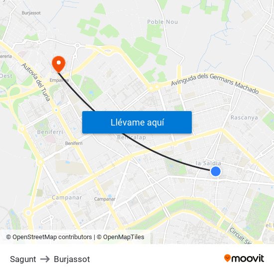 Sagunt to Burjassot map
