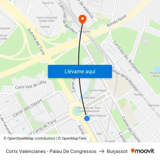 Corts Valencianes - Palau De Congressos to Burjassot map