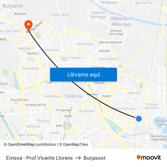 Eivissa - Prof.Vicente Llorens to Burjassot map