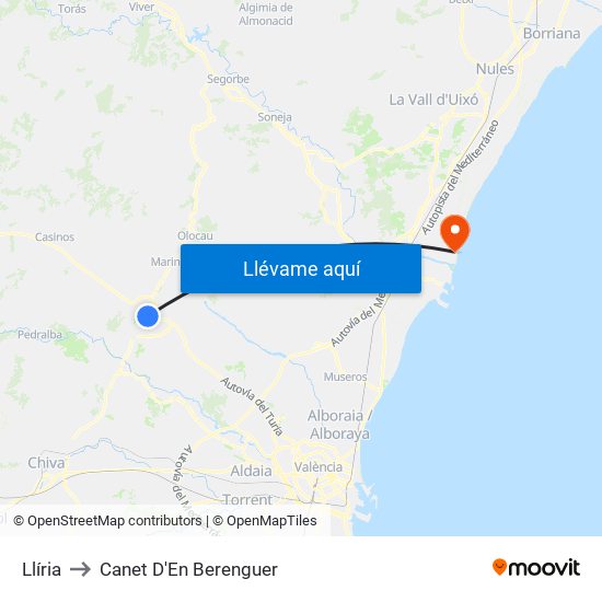 Llíria to Canet D'En Berenguer map