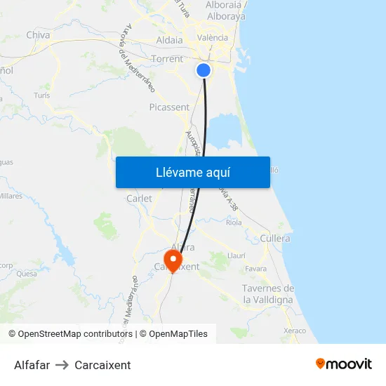 Alfafar to Carcaixent map