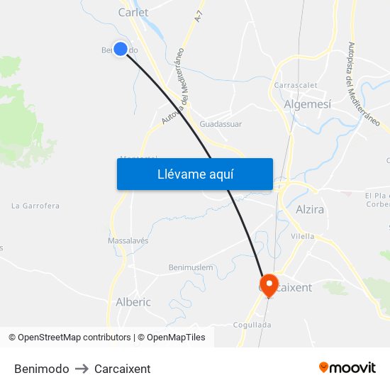 Benimodo to Carcaixent map