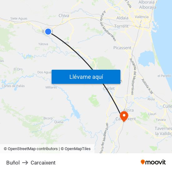 Buñol to Carcaixent map