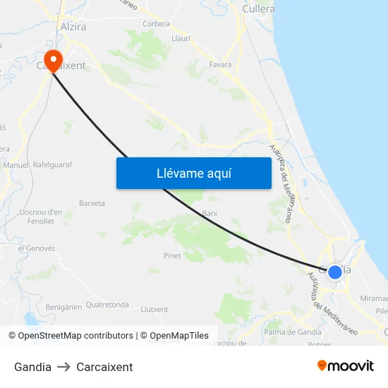 Gandia to Carcaixent map