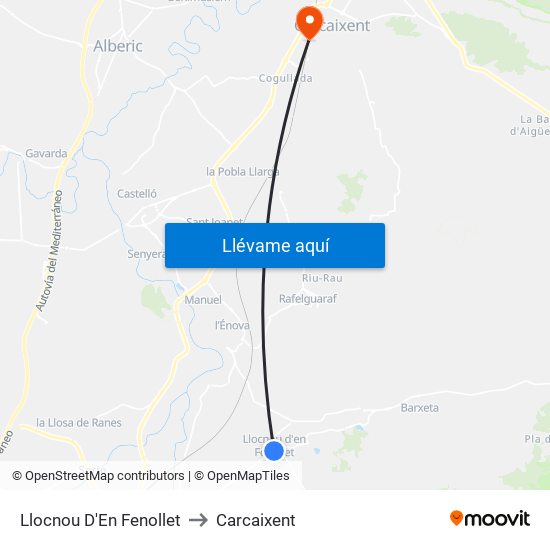 Llocnou D'En Fenollet to Carcaixent map