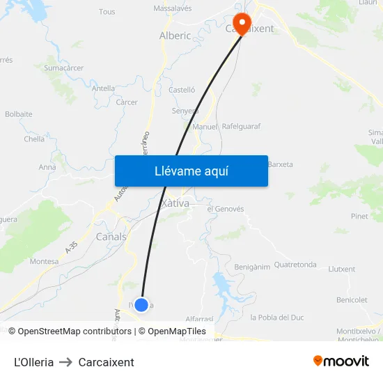 L'Olleria to Carcaixent map
