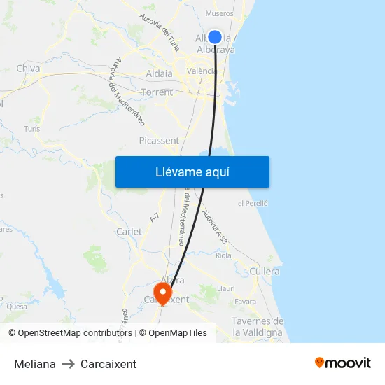 Meliana to Carcaixent map