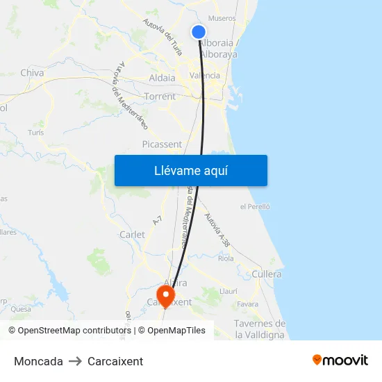 Moncada to Carcaixent map