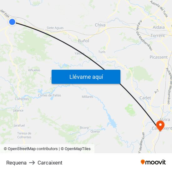 Requena to Carcaixent map