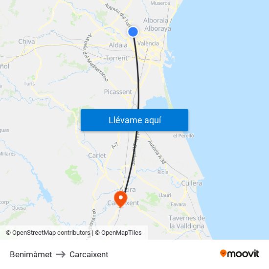 Benimàmet to Carcaixent map