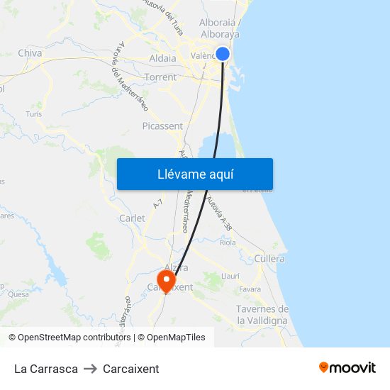 La Carrasca to Carcaixent map