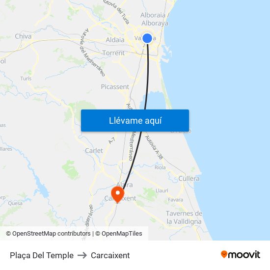 Plaça Del Temple to Carcaixent map