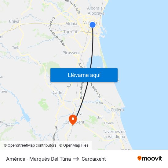 Amèrica - Marqués Del Túria to Carcaixent map