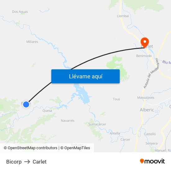 Bicorp to Carlet map